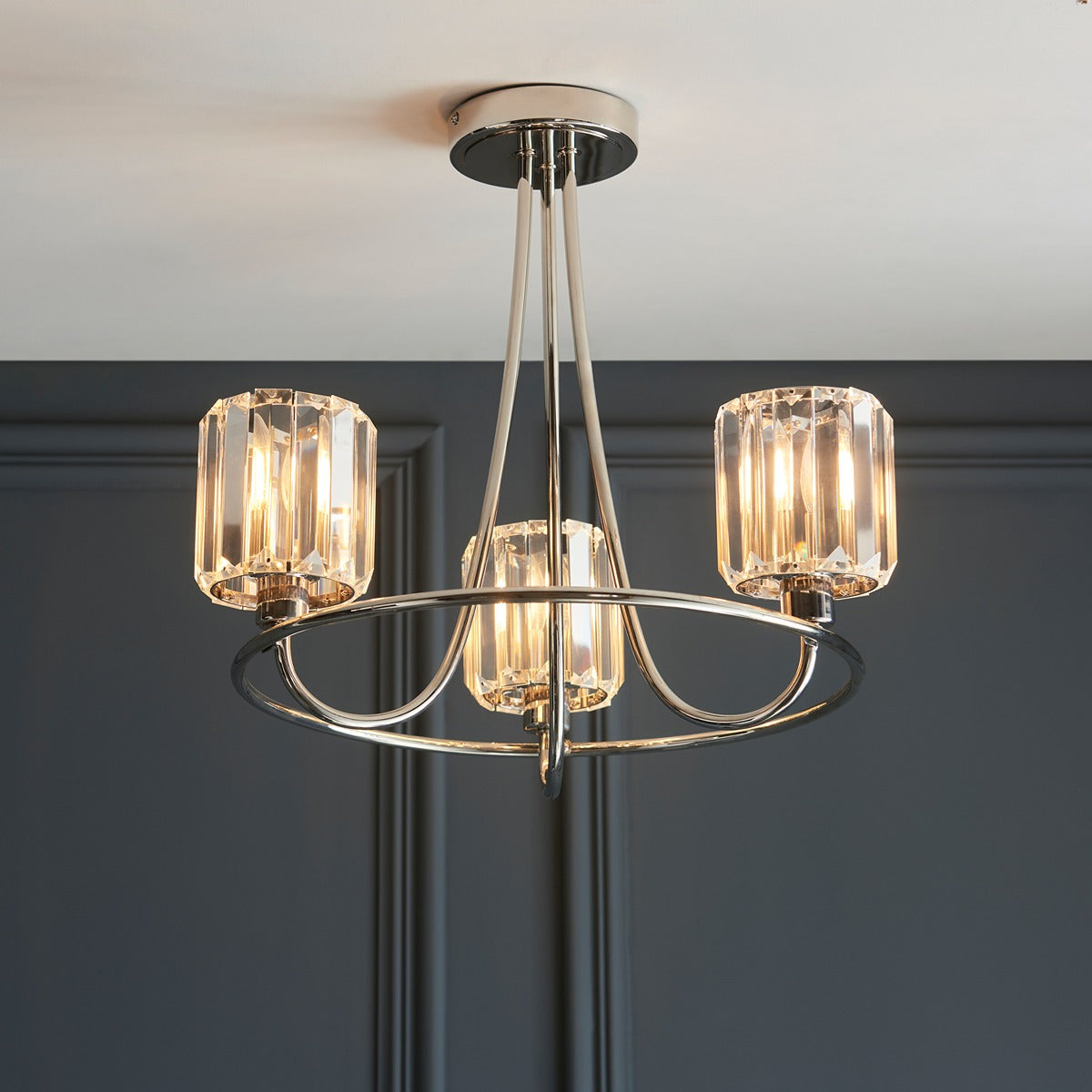 Berenice 3 Faceted Glass Ceiling Light - Nickel