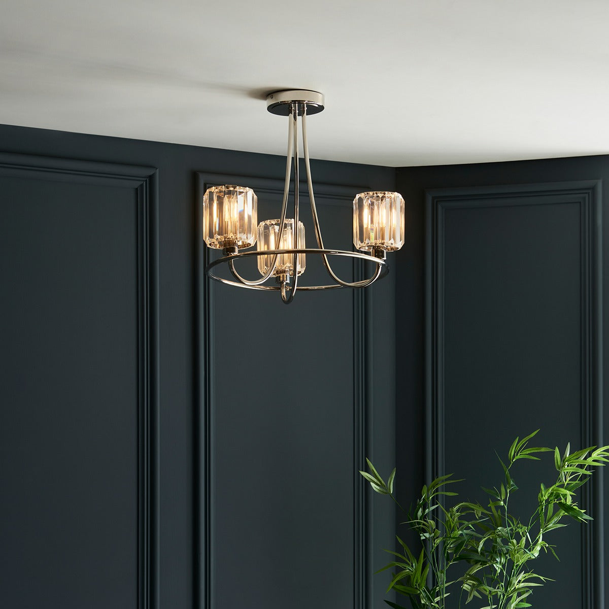Berenice 3 Faceted Glass Ceiling Light - Nickel