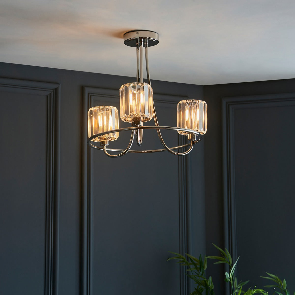 Berenice 3 Faceted Glass Ceiling Light - Nickel