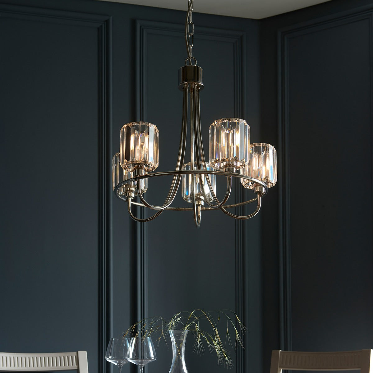 Berenice 5 Faceted Glass Ceiling Light - Nickel