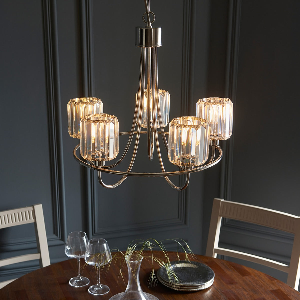 Berenice 5 Faceted Glass Ceiling Light - Nickel