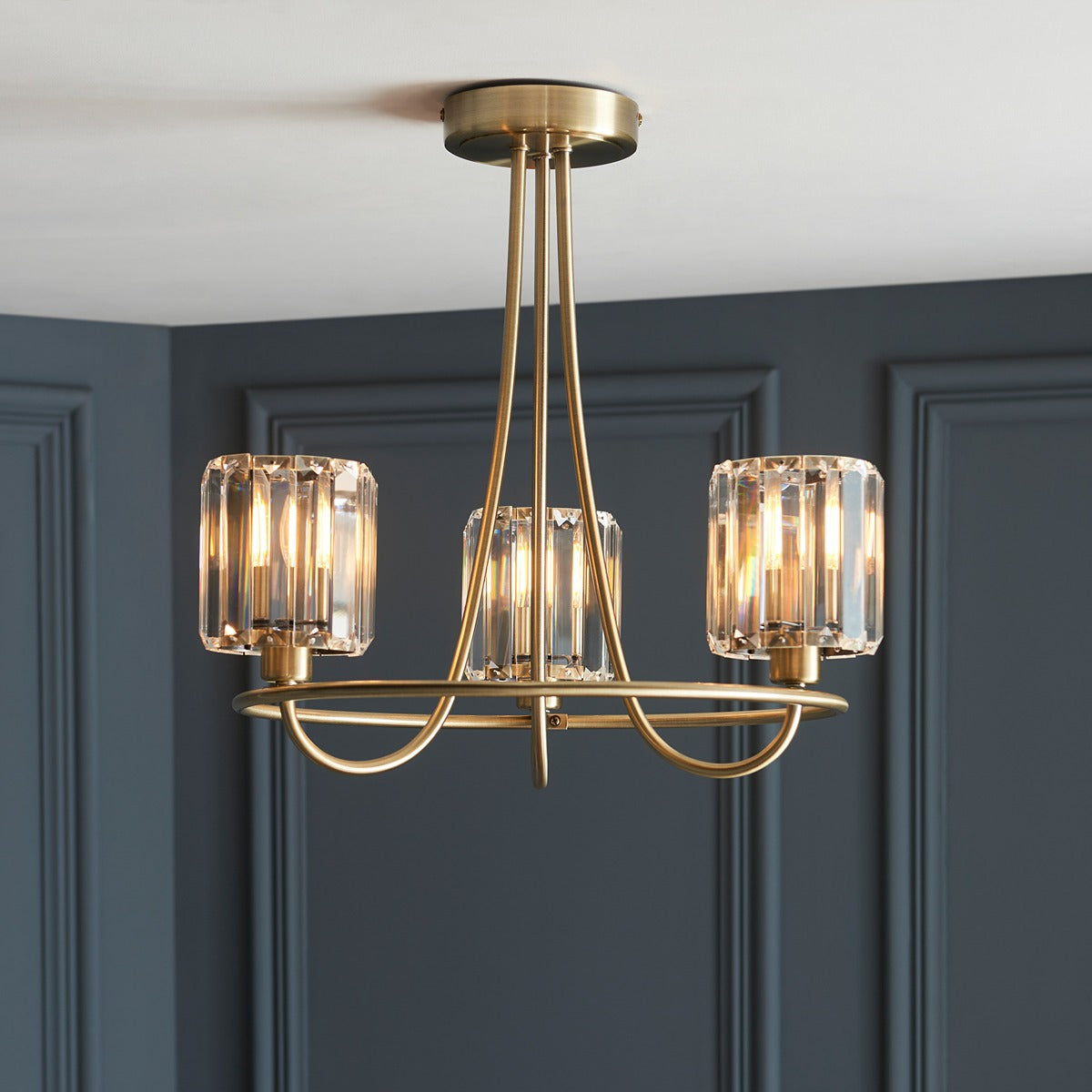 Berenice 3 Faceted Glass Ceiling Light - Antique Brass