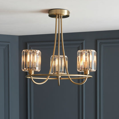 Berenice 3 Faceted Glass Ceiling Light - Antique Brass