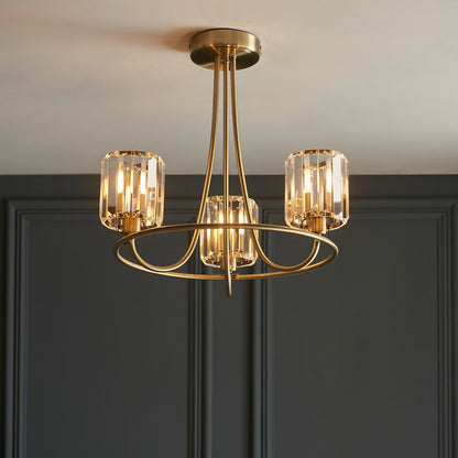 Berenice 3 Faceted Glass Ceiling Light - Antique Brass