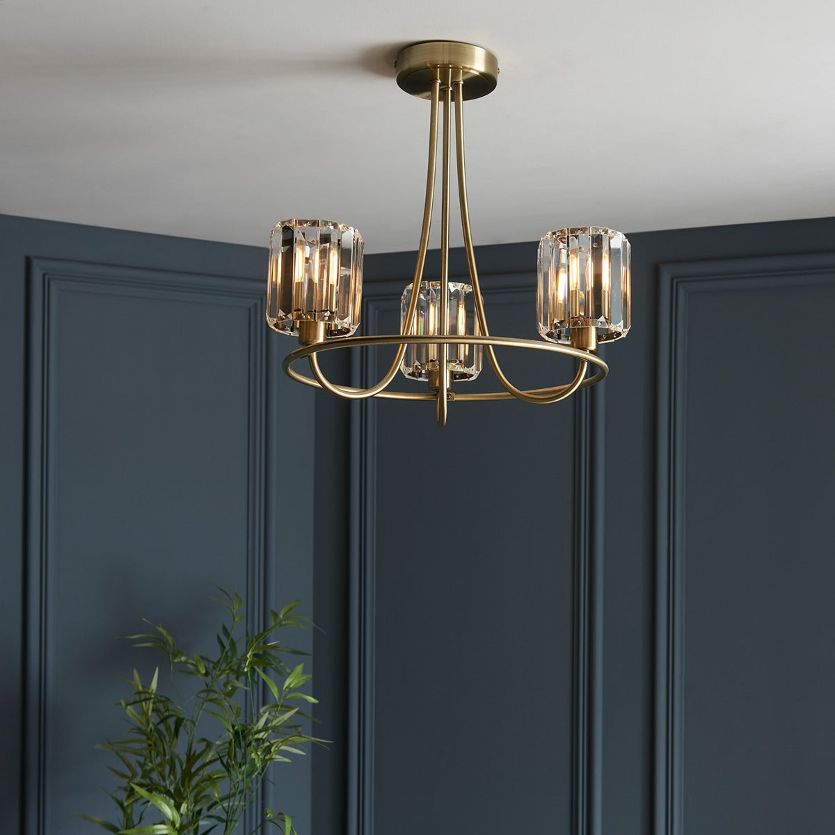 Berenice 3 Faceted Glass Ceiling Light - Antique Brass
