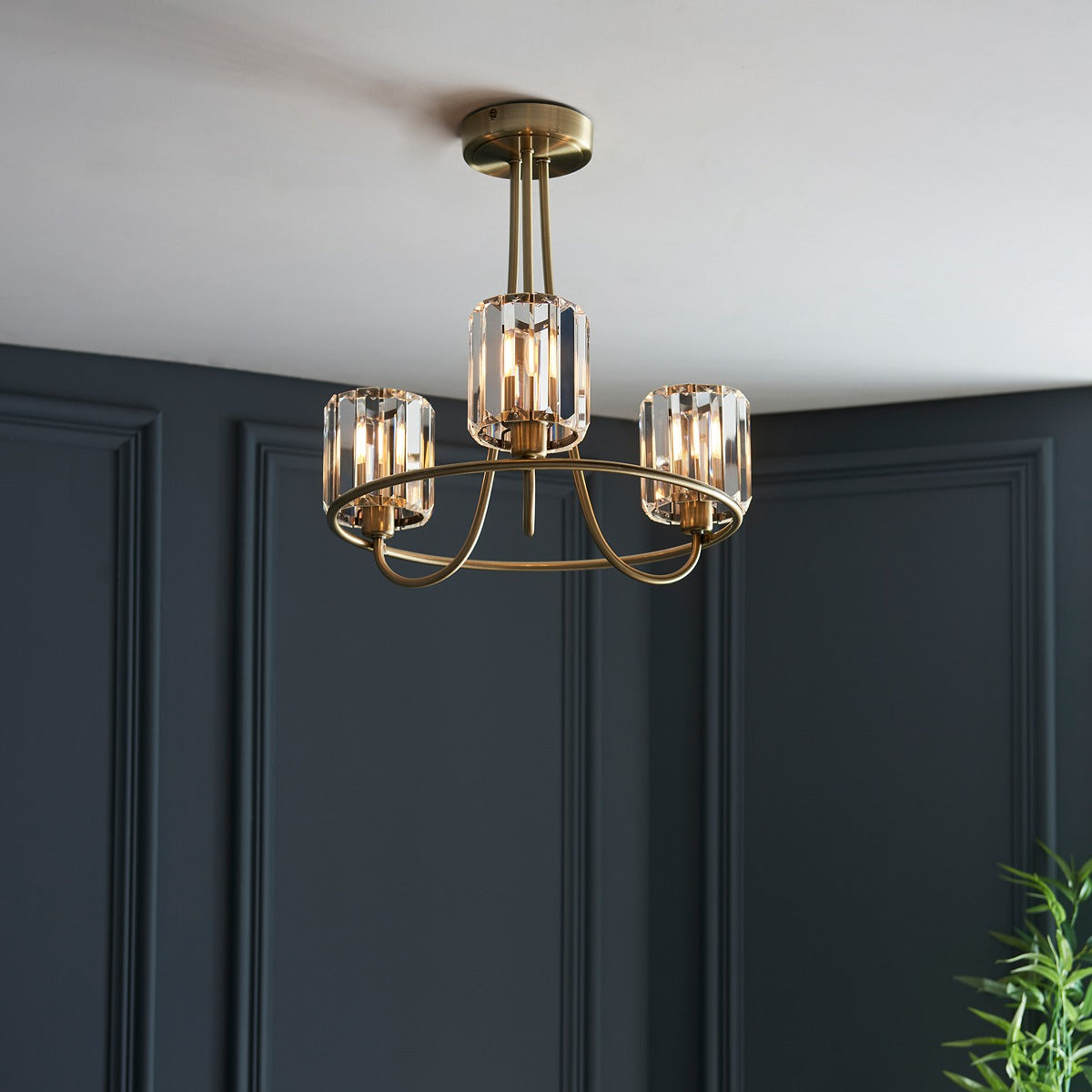 Berenice 3 Faceted Glass Ceiling Light - Antique Brass