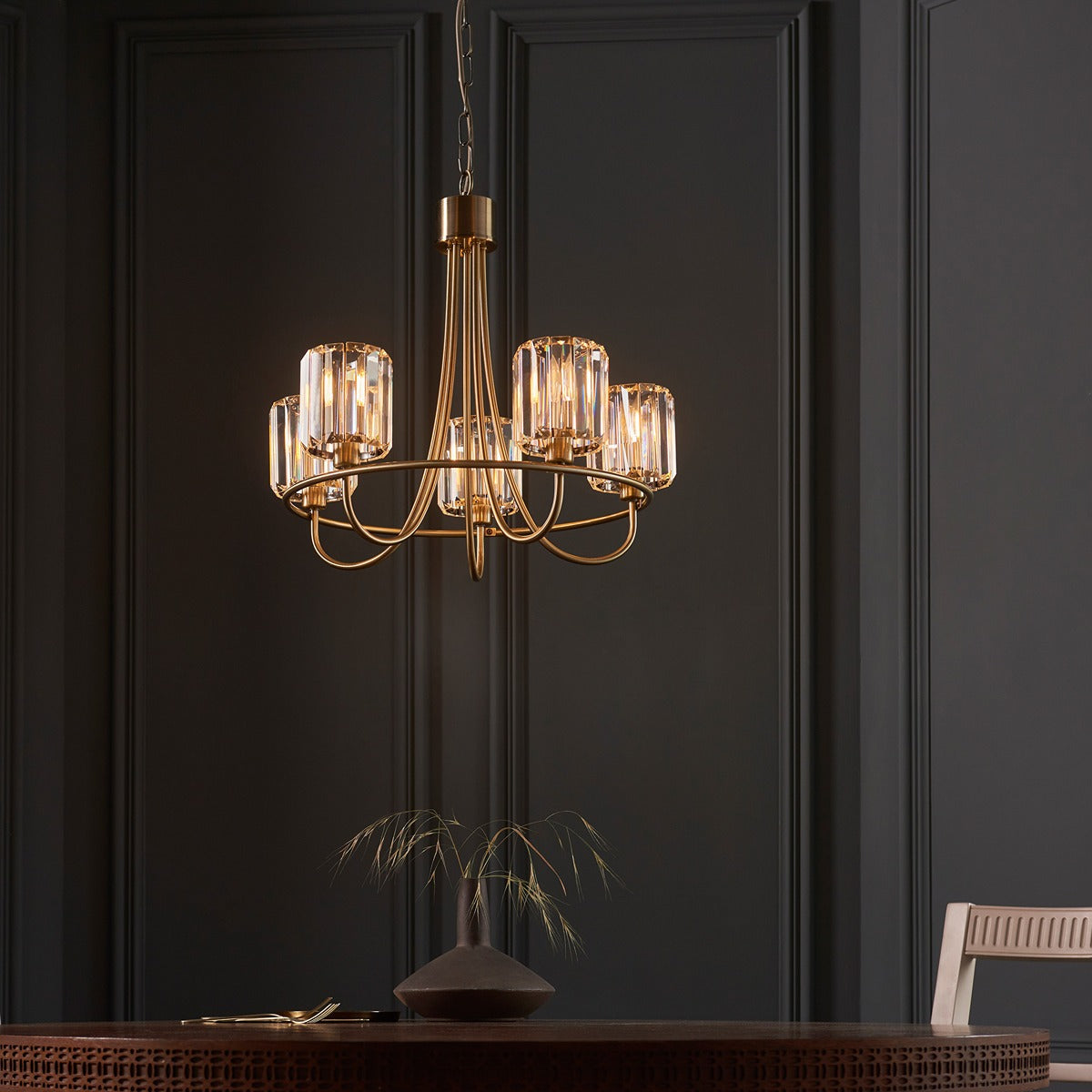 Berenice 5 Faceted Glass Ceiling Light - Antique Brass