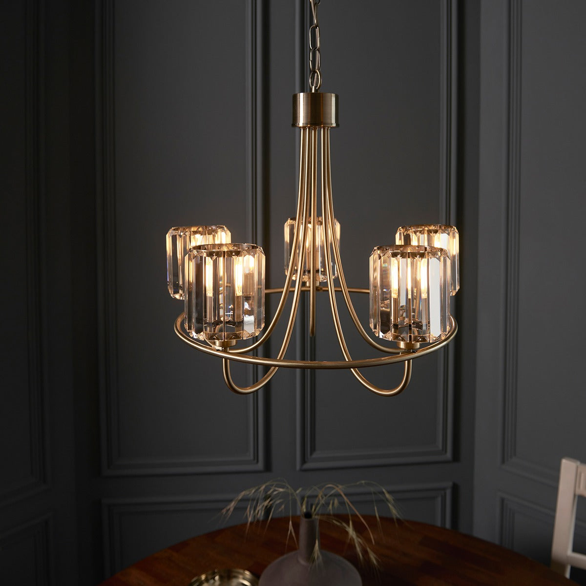 Berenice 5 Faceted Glass Ceiling Light - Antique Brass