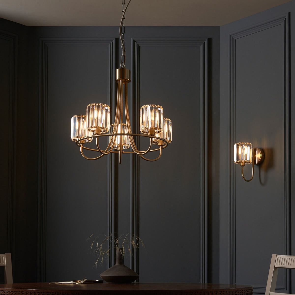 Berenice 5 Faceted Glass Ceiling Light - Antique Brass