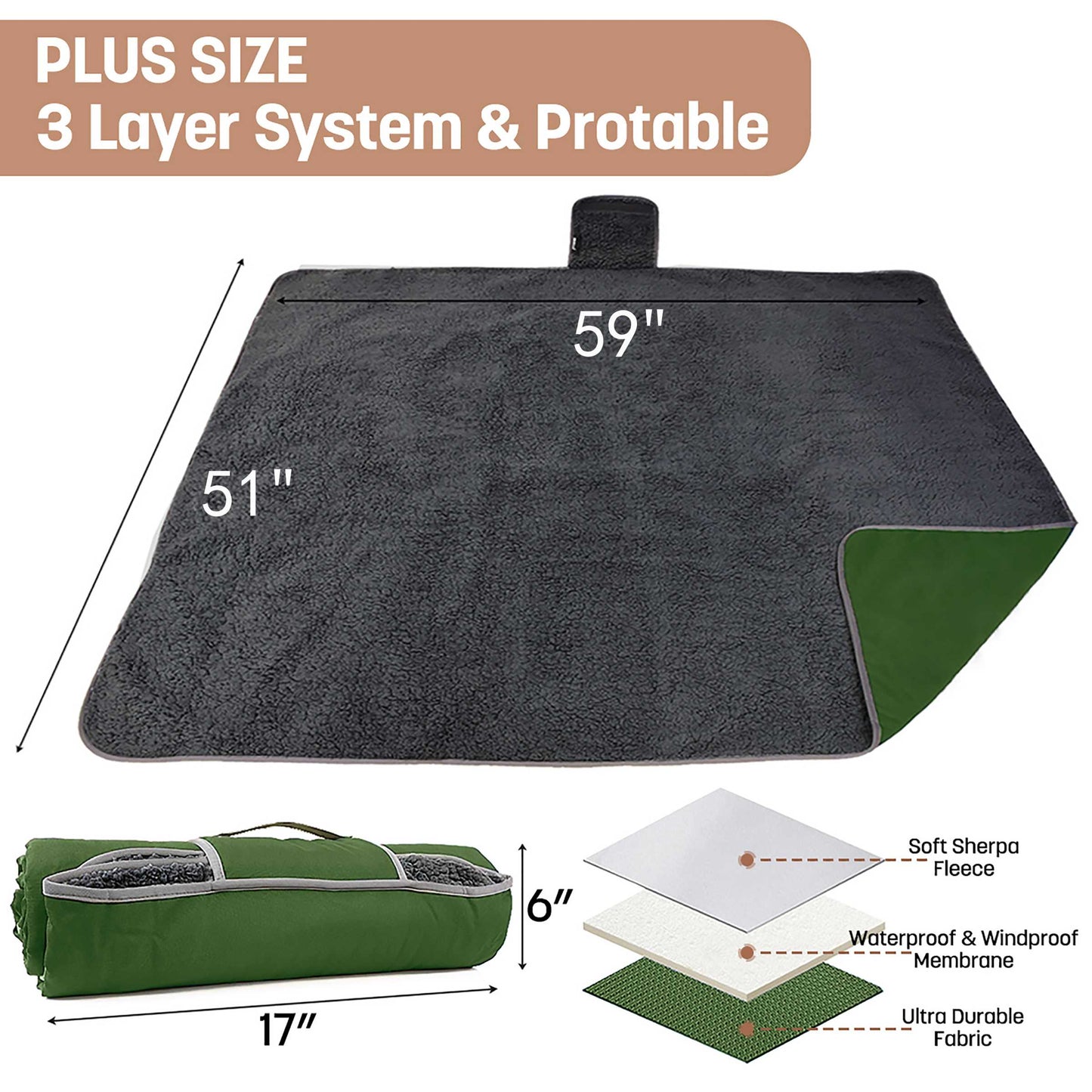 Waterproof Stadium Blanket with Sherpa Lining for Stadium 51''×59''