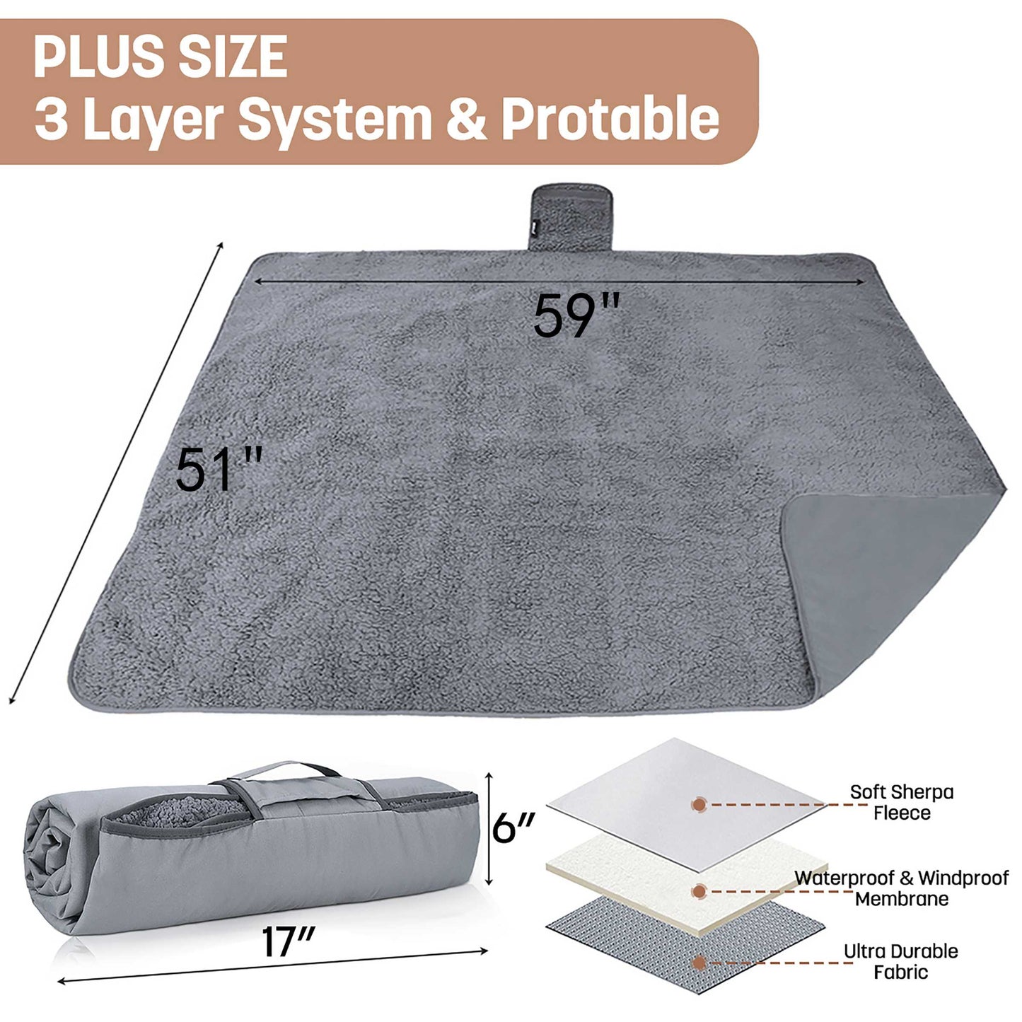 Waterproof Stadium Blanket with Sherpa Lining for Stadium 51''×59''