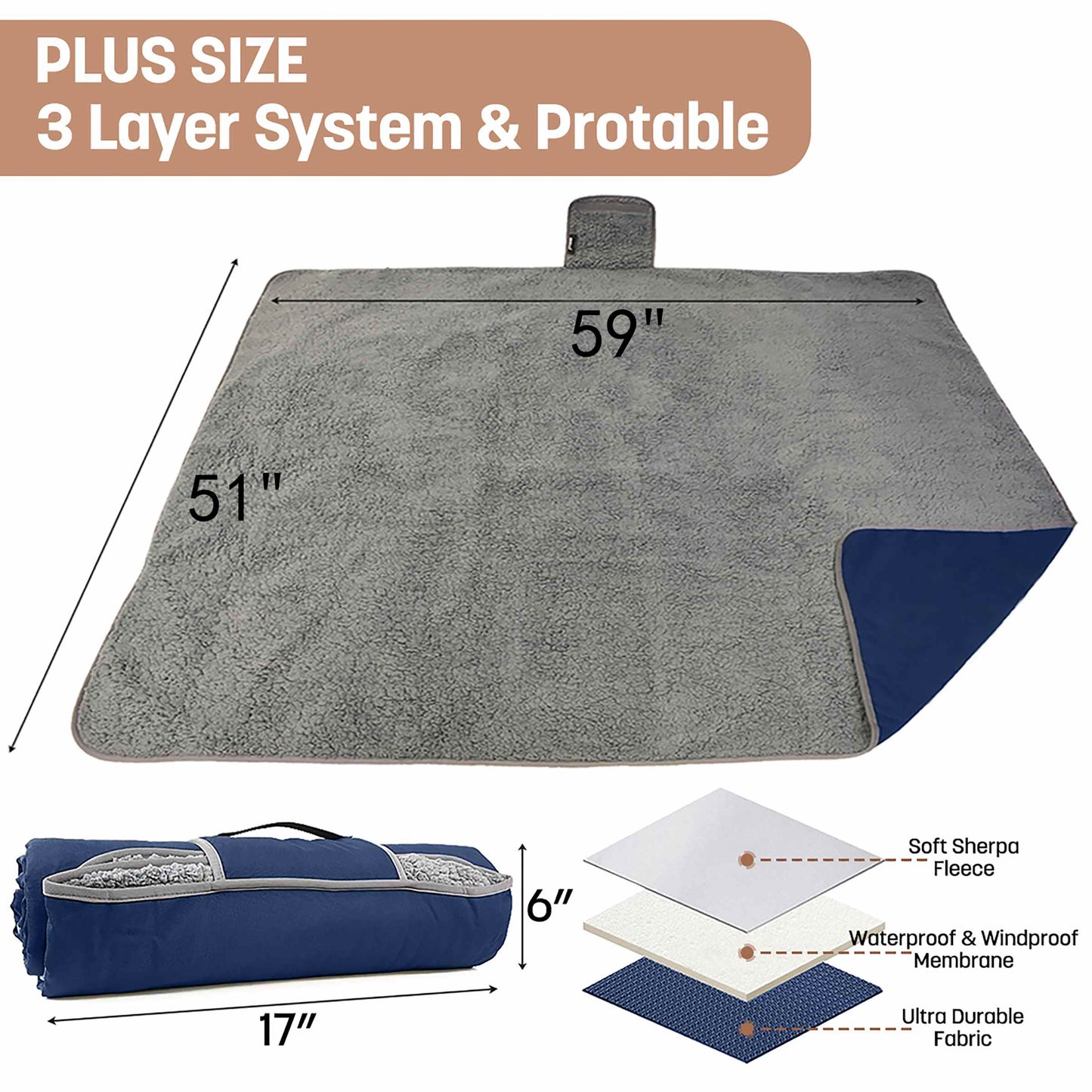 Waterproof Stadium Blanket with Sherpa Lining for Stadium 51''×59''