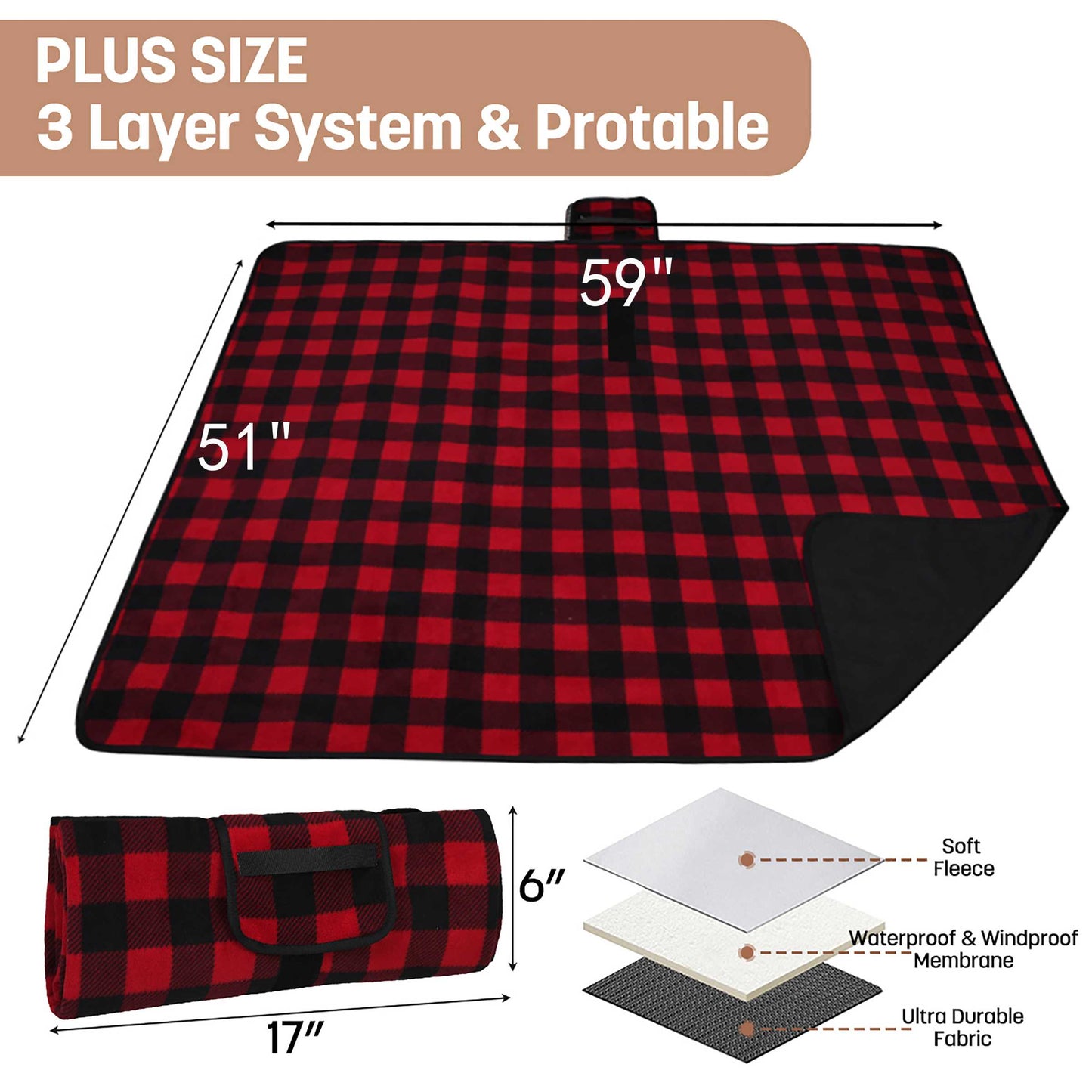 Waterproof Stadium Blanket with Sherpa Lining for Stadium 51''×59''