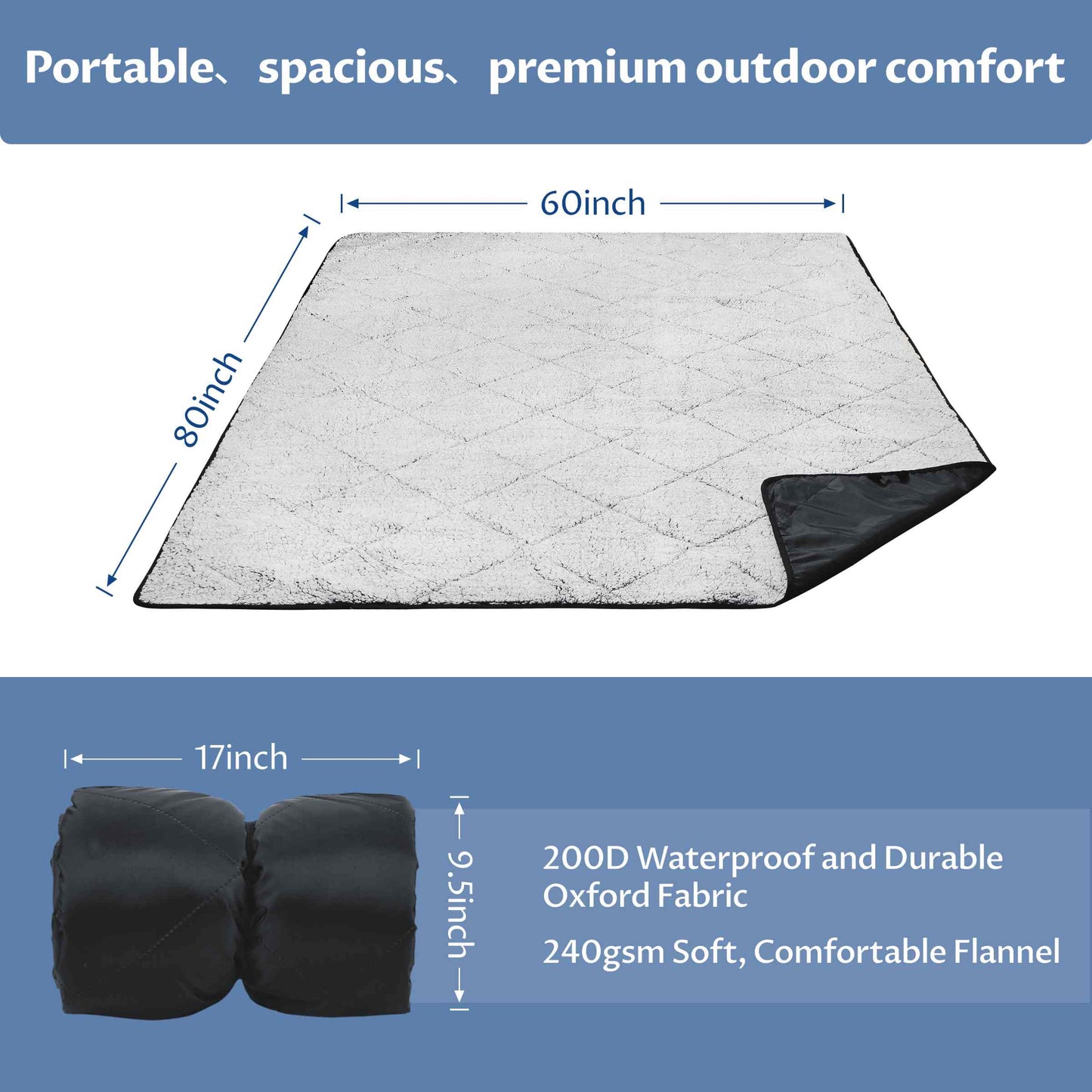 Waterproof Oxford & Plush Outdoor Down Blanket with Sherpa Lining, 60'' x 80''