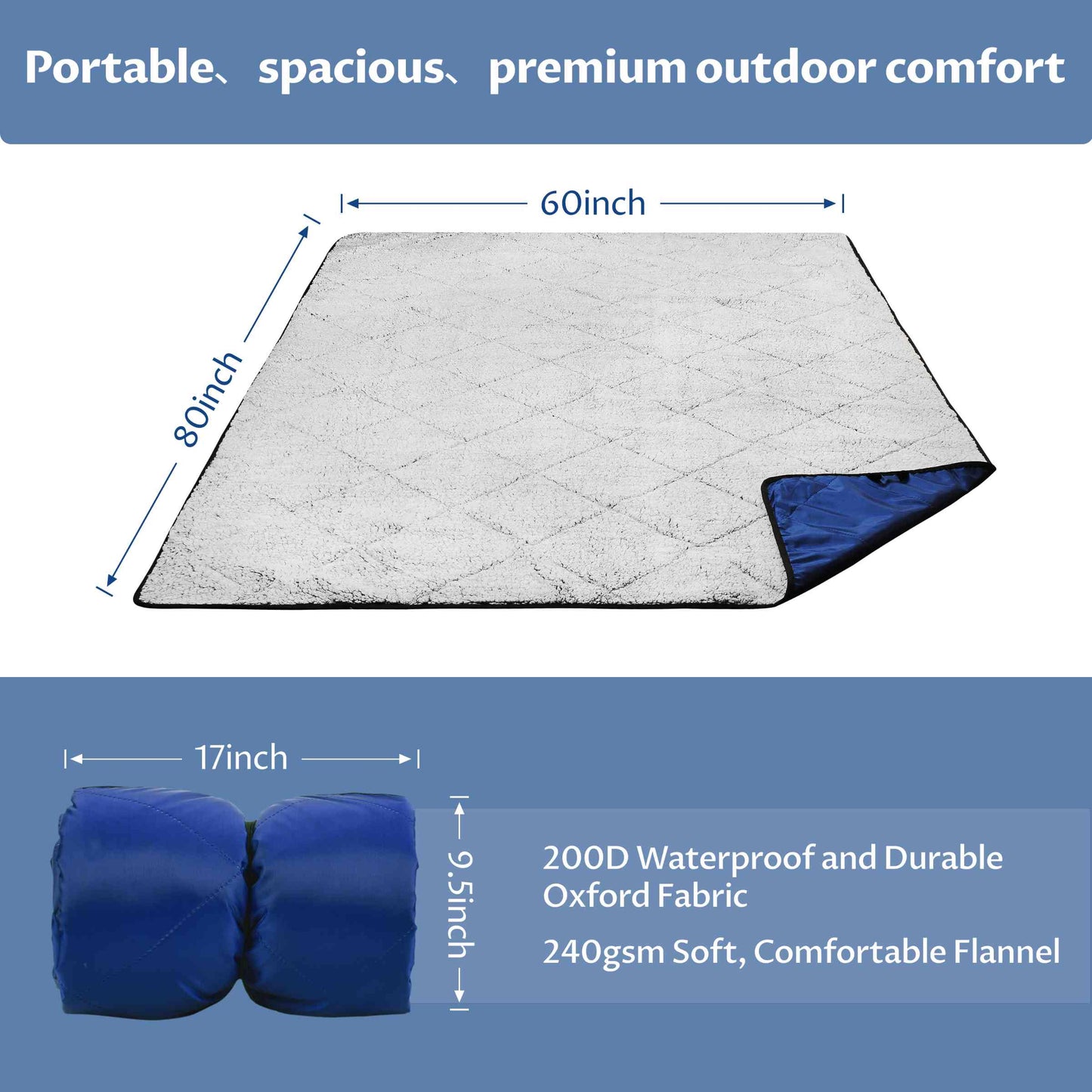 Waterproof Oxford & Plush Outdoor Down Blanket with Sherpa Lining, 60'' x 80''