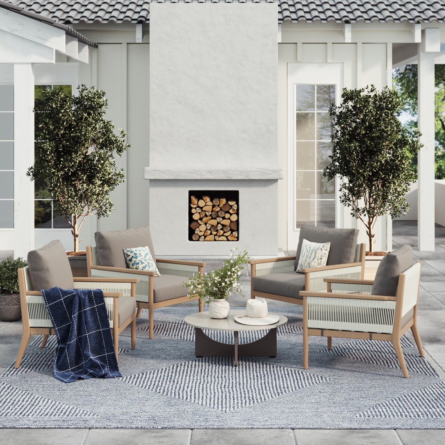 Outdoor Wood & Rope Patio Arm Chairs Medium Gray (Set of 4)