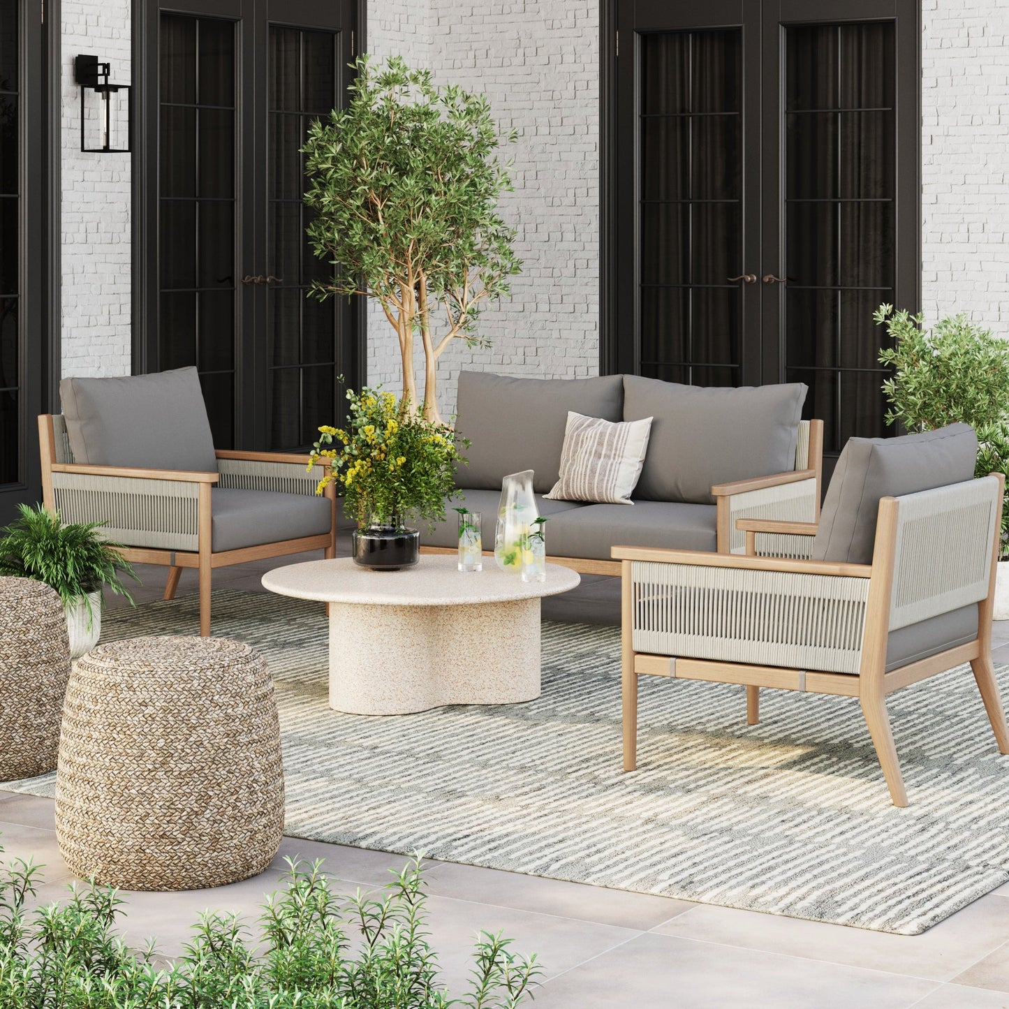 Outdoor Wood & Rope Patio Arm Chair Medium Gray