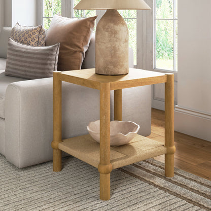 Wood 2-Tier Coastal Side Table with Seagrass Shelf Light Brown