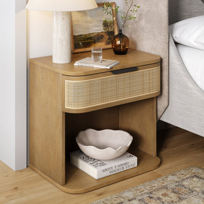 Curved Rattan Nightstand with 1 Drawer Light Brown