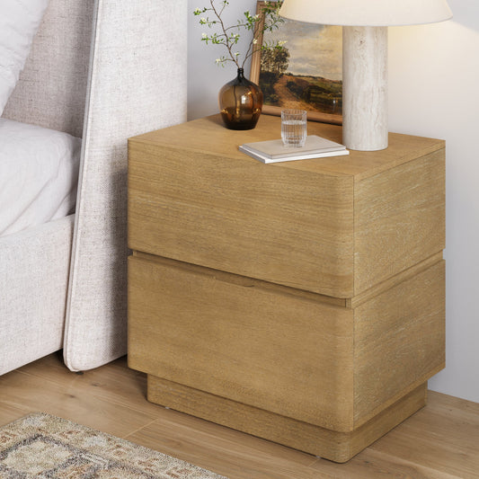 Modern Wood 2 Drawer Nightstand with Rounded Edges Light Brown