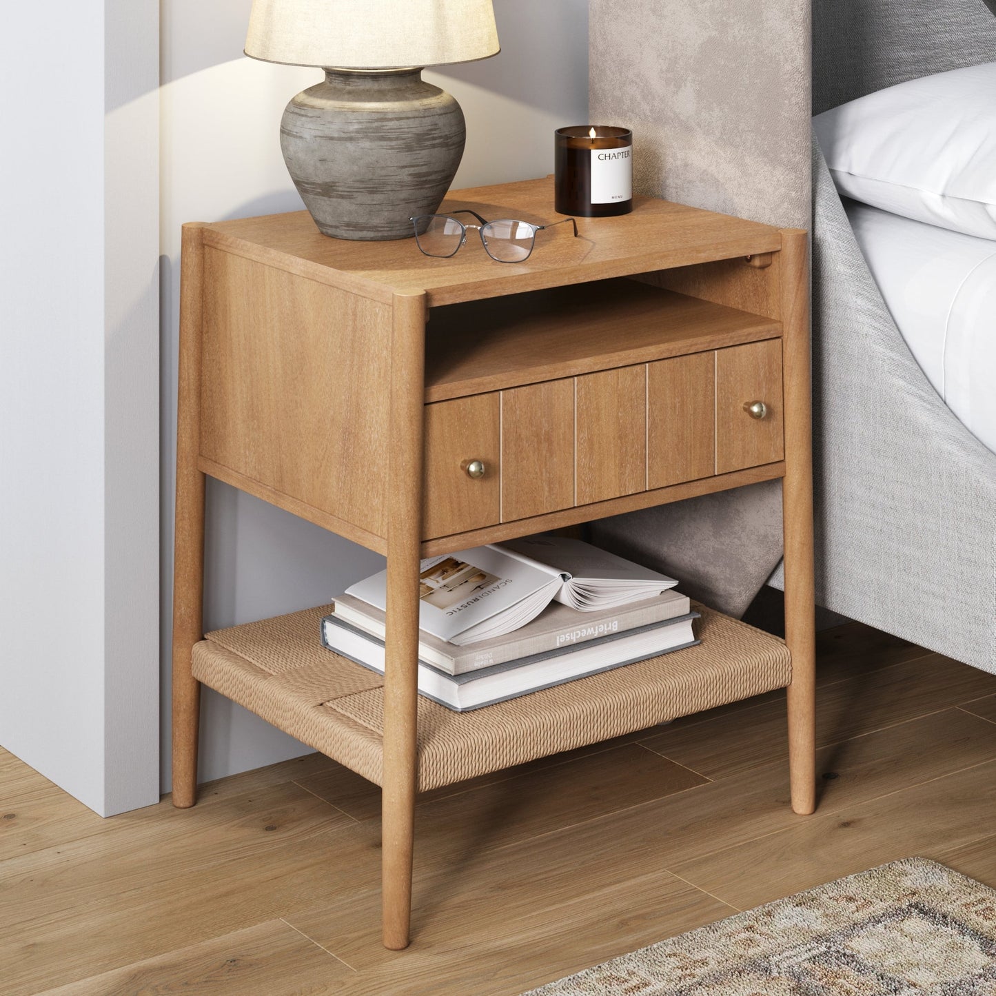 Wood Nightstand with Drawer & Seagrass Storage Light Brown