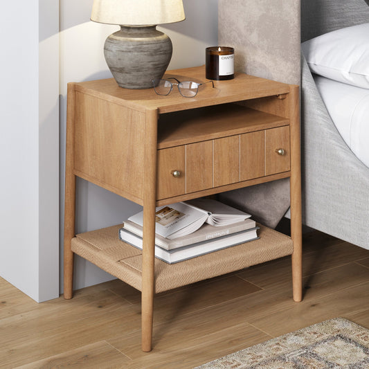 Wood Nightstand with Drawer & Seagrass Storage Light Brown