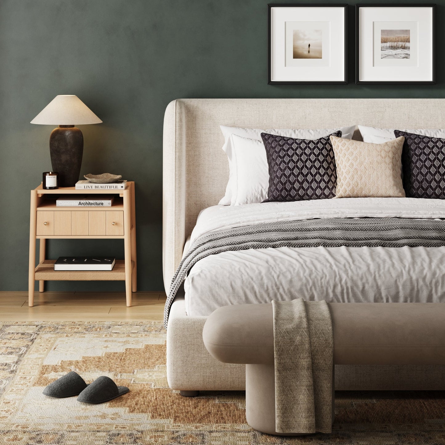Wood Nightstand with Drawer & Seagrass Storage Raw Oak