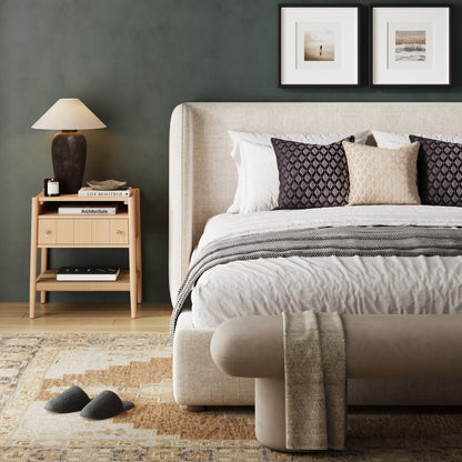 Wood Nightstand with Drawer & Seagrass Storage Raw Oak