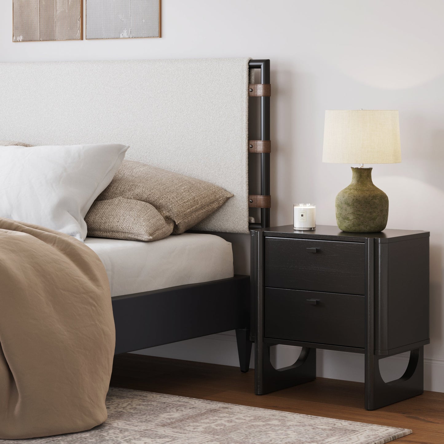 Mid Century Modern 2-Drawer Solid Wood Nightstand Black