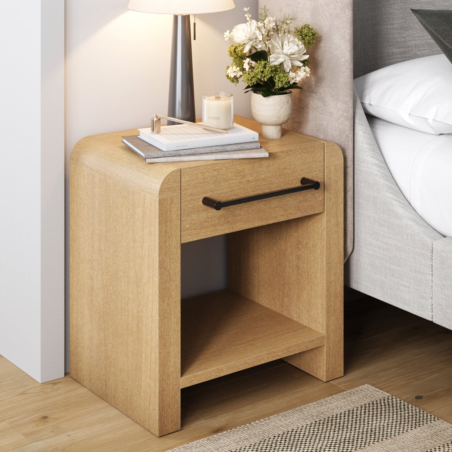 Modern 1-Drawer Nightstand with Metal Handle Light Brown