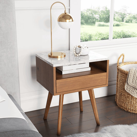 Mid-Century Faux Marble Nightstand with Drawer