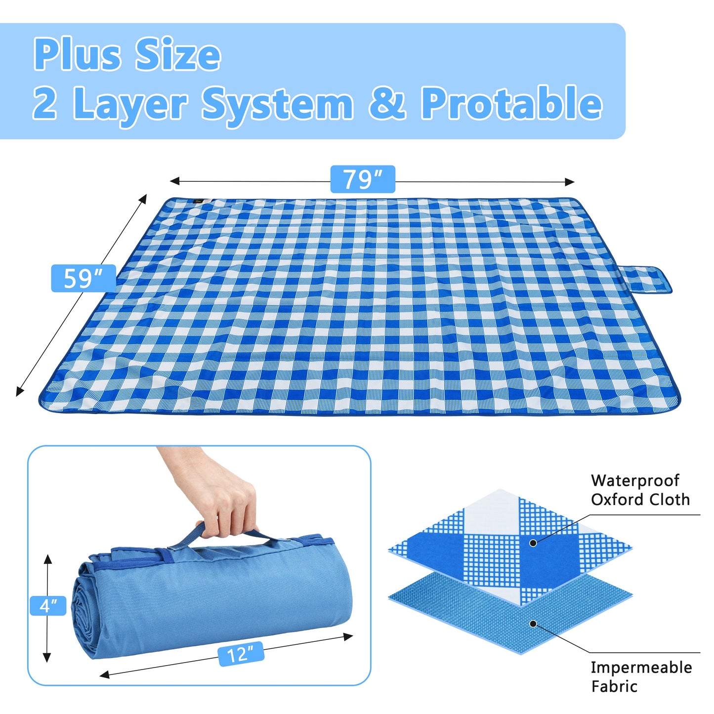 Warp Knit Fabric Camping Waterproof Throw Blanket  for Summer, 60”x 80”