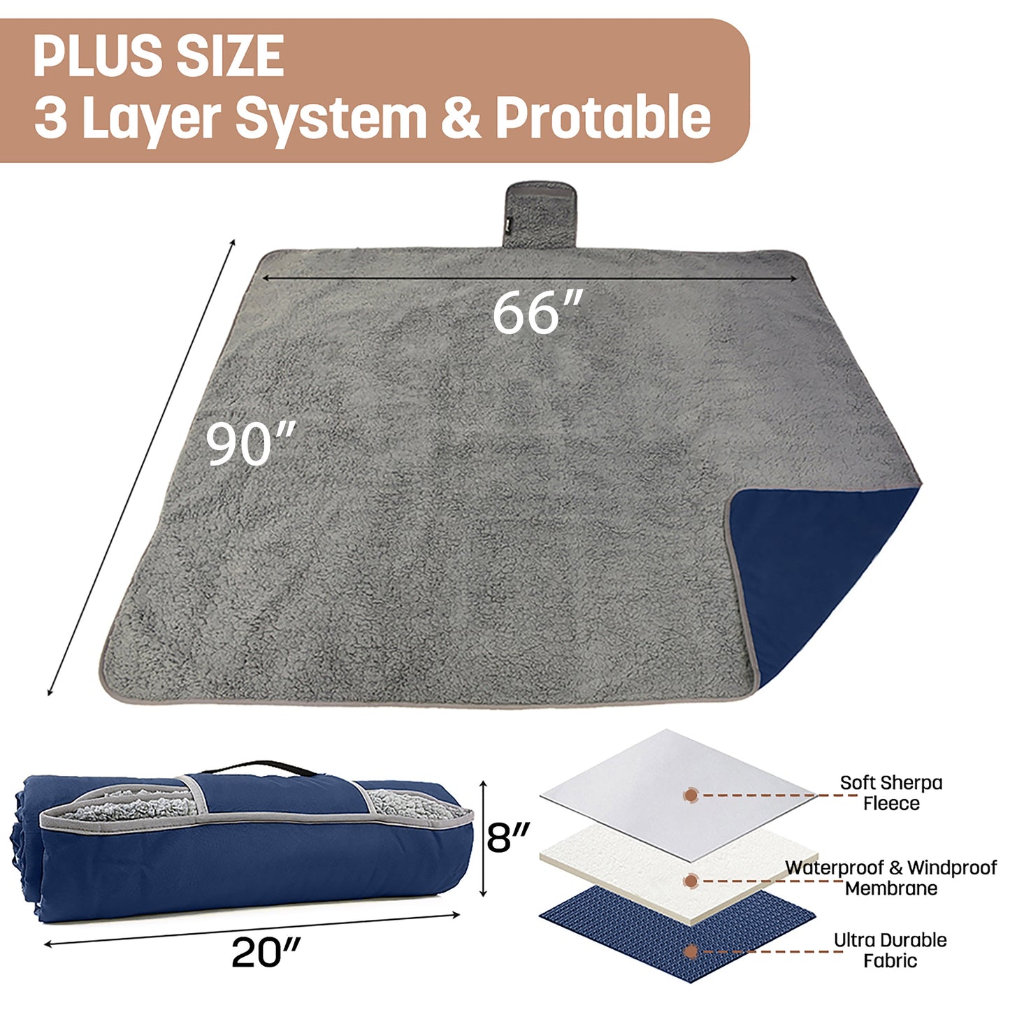 Sherpa Lined Outdoor Stadium Waterproof Blanket for Winter 66''*90''