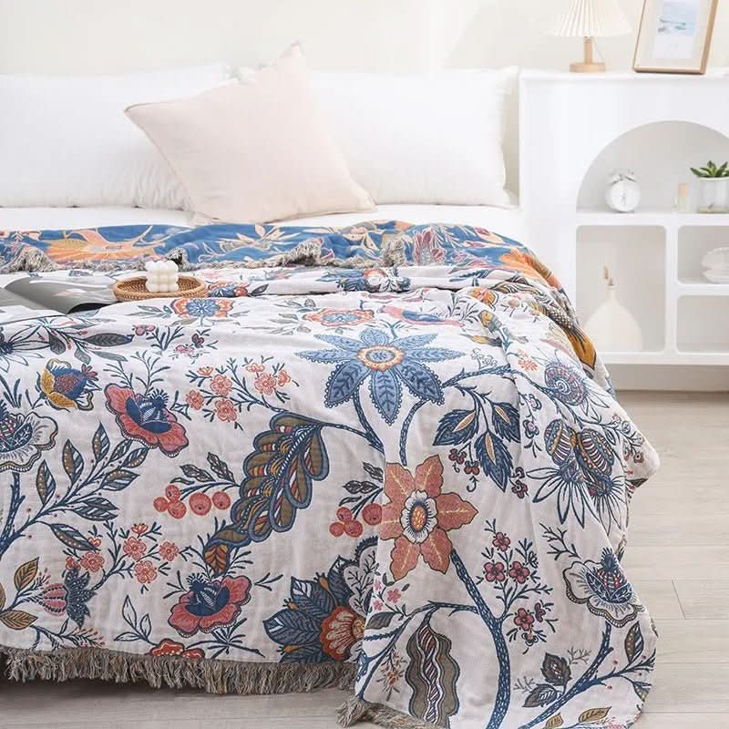 MEADOWNEST BLANKET – Rustic Cotton Blanket with Floral Pattern & Reversible Design