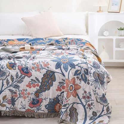 MEADOWNEST BLANKET – Rustic Cotton Blanket with Floral Pattern & Reversible Design