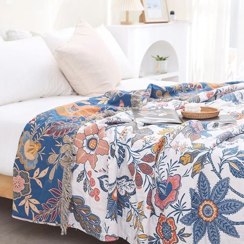 MEADOWNEST BLANKET – Rustic Cotton Blanket with Floral Pattern & Reversible Design