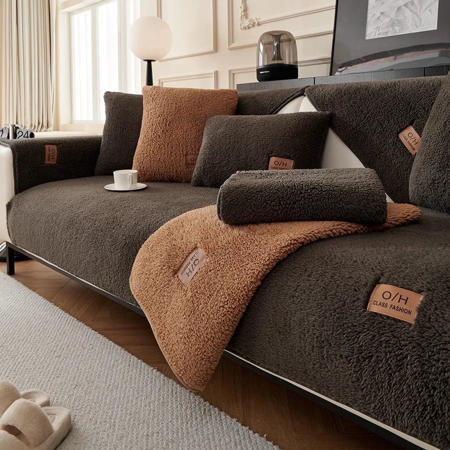 COZYSHEAR – plush lamb wool sofa cover for warmth & protection