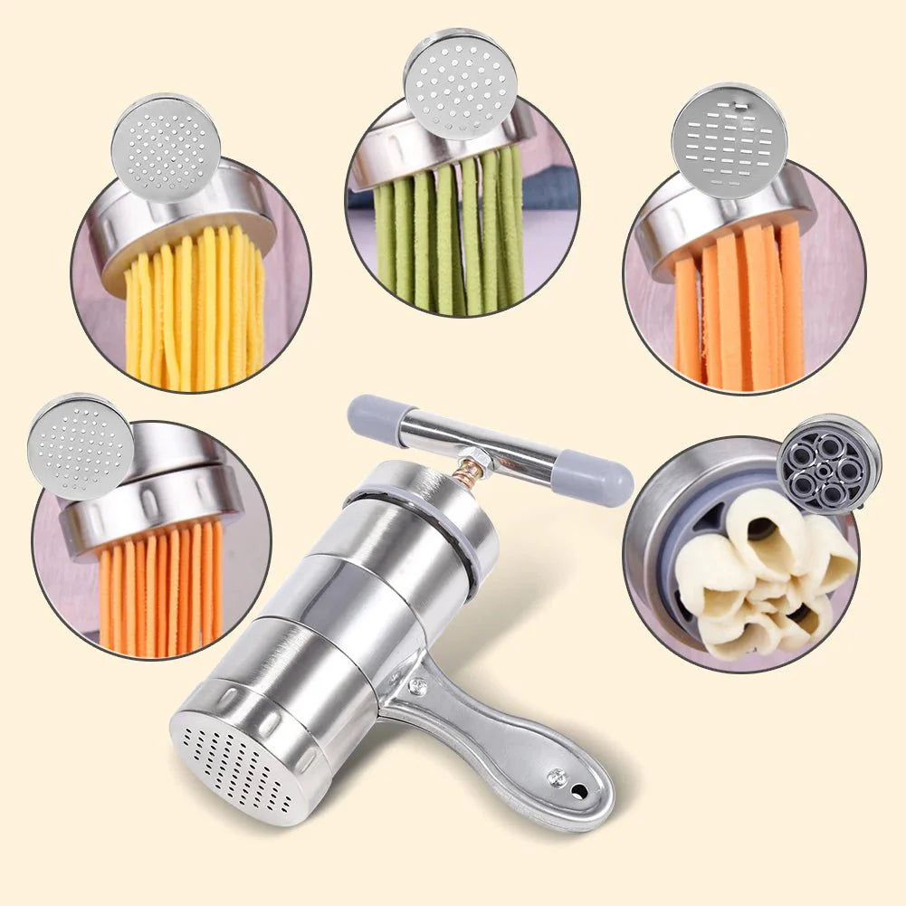 DOUGHEX – Manual Stainless Steel Pasta Maker with 5 Interchangeable Mold Heads