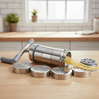 DOUGHEX – Manual Stainless Steel Pasta Maker with 5 Interchangeable Mold Heads