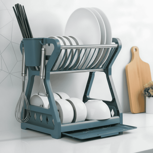 DRYZONE – Space-Efficient 2-Tier Dish Drainer with Utensil Organizer
