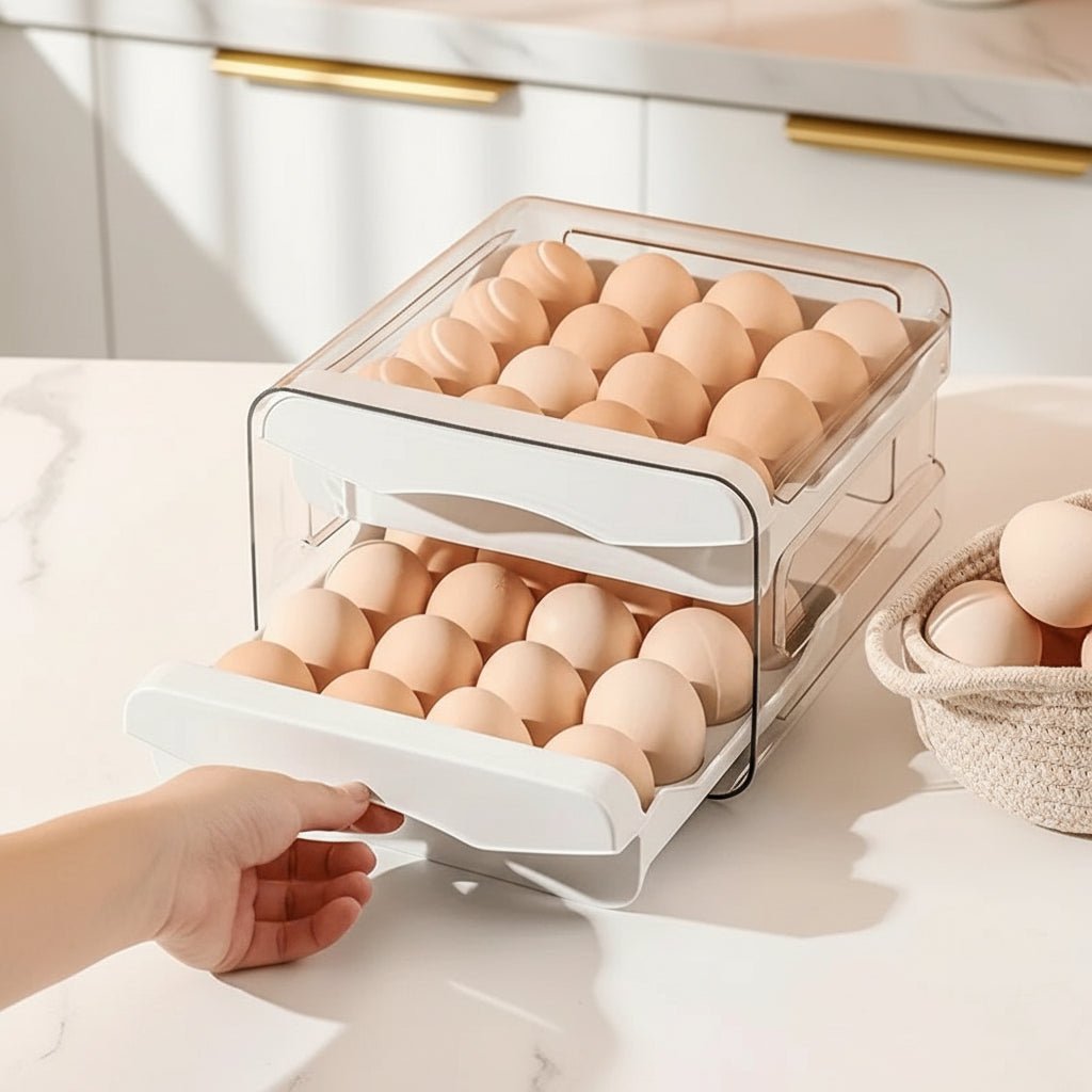 EGGLODGE – 2-Layer Egg Drawer Organizer for Neat & Space-Saving Fridge Storage