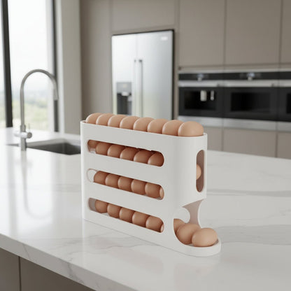 EGGSTAIR – 4-Layer Automatic Rolling Egg Dispenser for Compact Fridge Storage