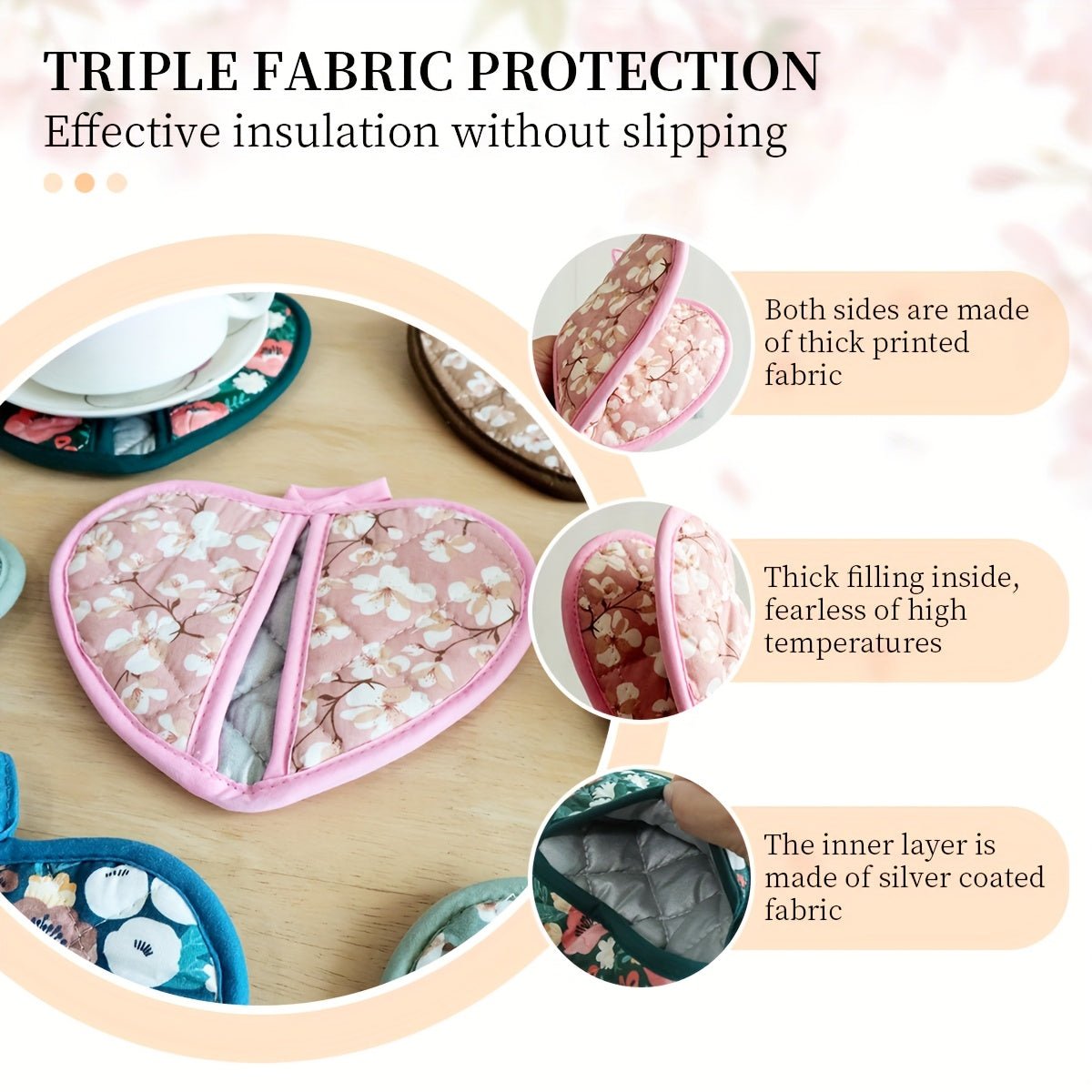 FLORALHEART – Vintage Floral Heart-Shaped Potholders with Heat Resistance