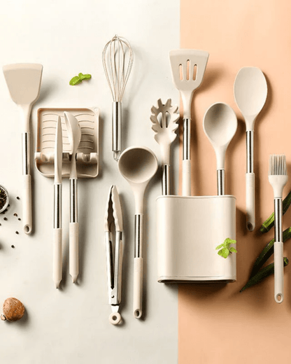 KITCHENORA – Complete Utensil Set with Silicone Heads & Wood-Style Handles