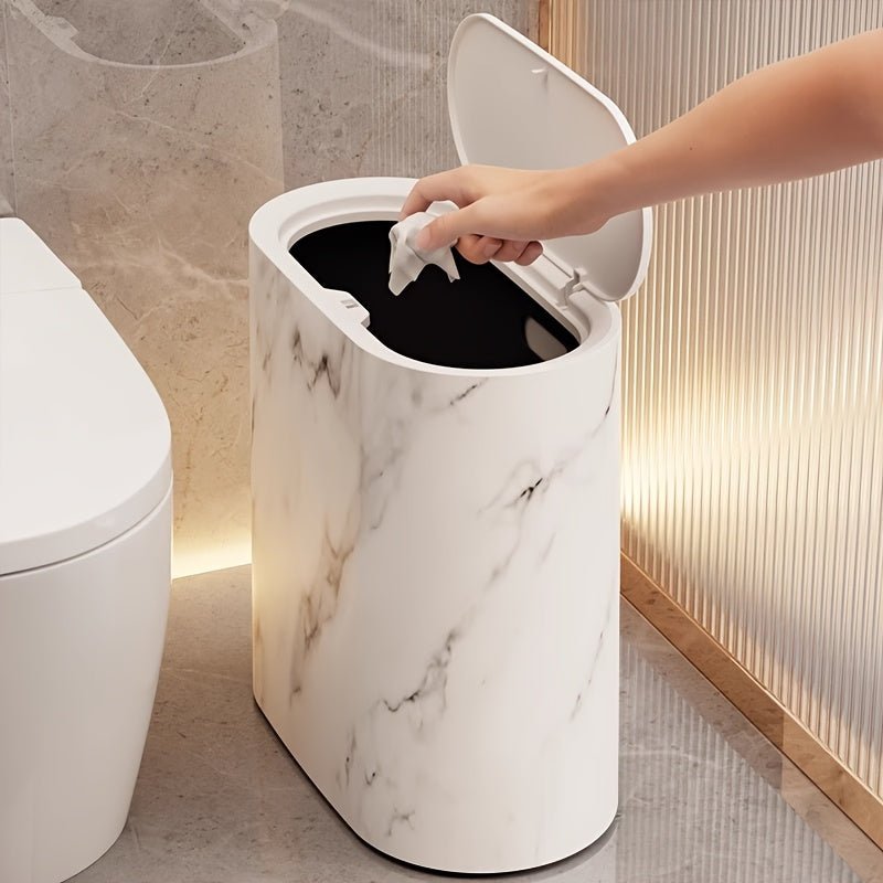 LIVELUX – Modern Oval Trash Can with Marble Design for Bathroom & Kitchen