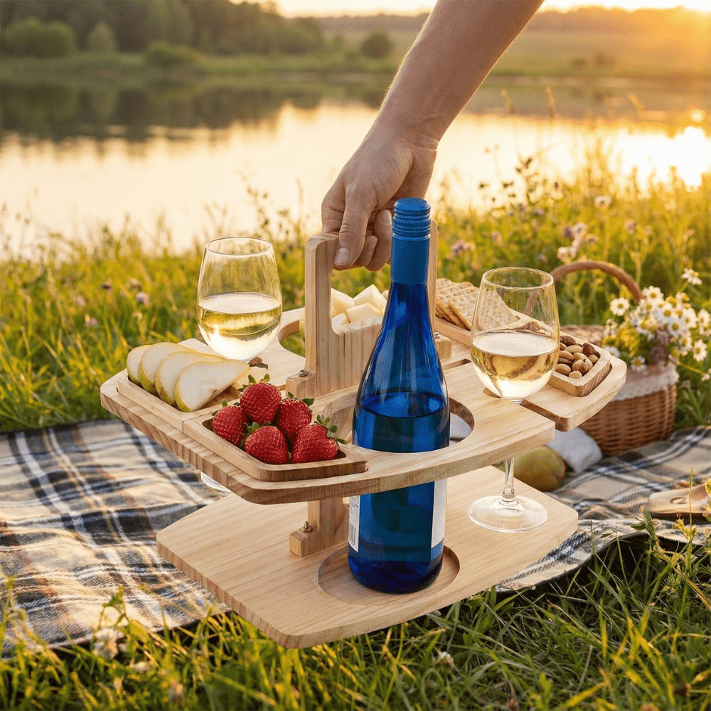 PICNICGROVE – Wooden Picnic Table with Organized Compartments for Wine & Food