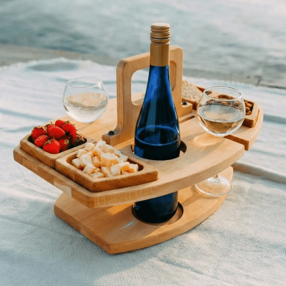 PICNICGROVE – Wooden Picnic Table with Organized Compartments for Wine & Food
