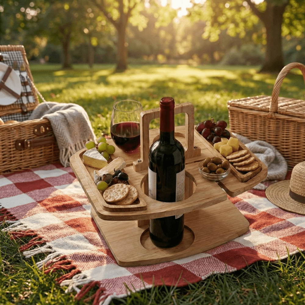 PICNICGROVE – Wooden Picnic Table with Organized Compartments for Wine & Food