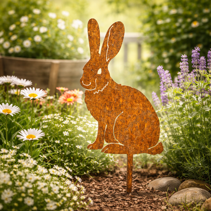 RABBITRAIL – Rustikaler Metall-Hasen-Gartenstecker für Bauernhaus-Außendekoration