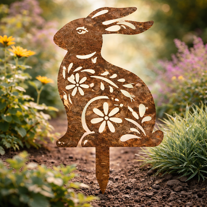 RABBITRAIL – Rustikaler Metall-Hasen-Gartenstecker für Bauernhaus-Außendekoration